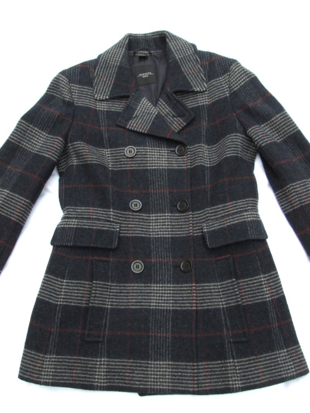 MAX MARA WEEKEND 100% VIRGIN WOOL PLAID DOUBLE BREASTED PEA COAT